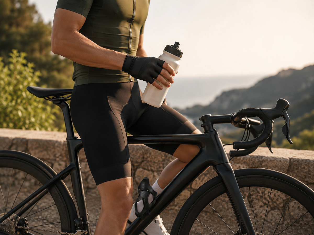 Cyclist with a bottle and AERA CAGE on a mountain road