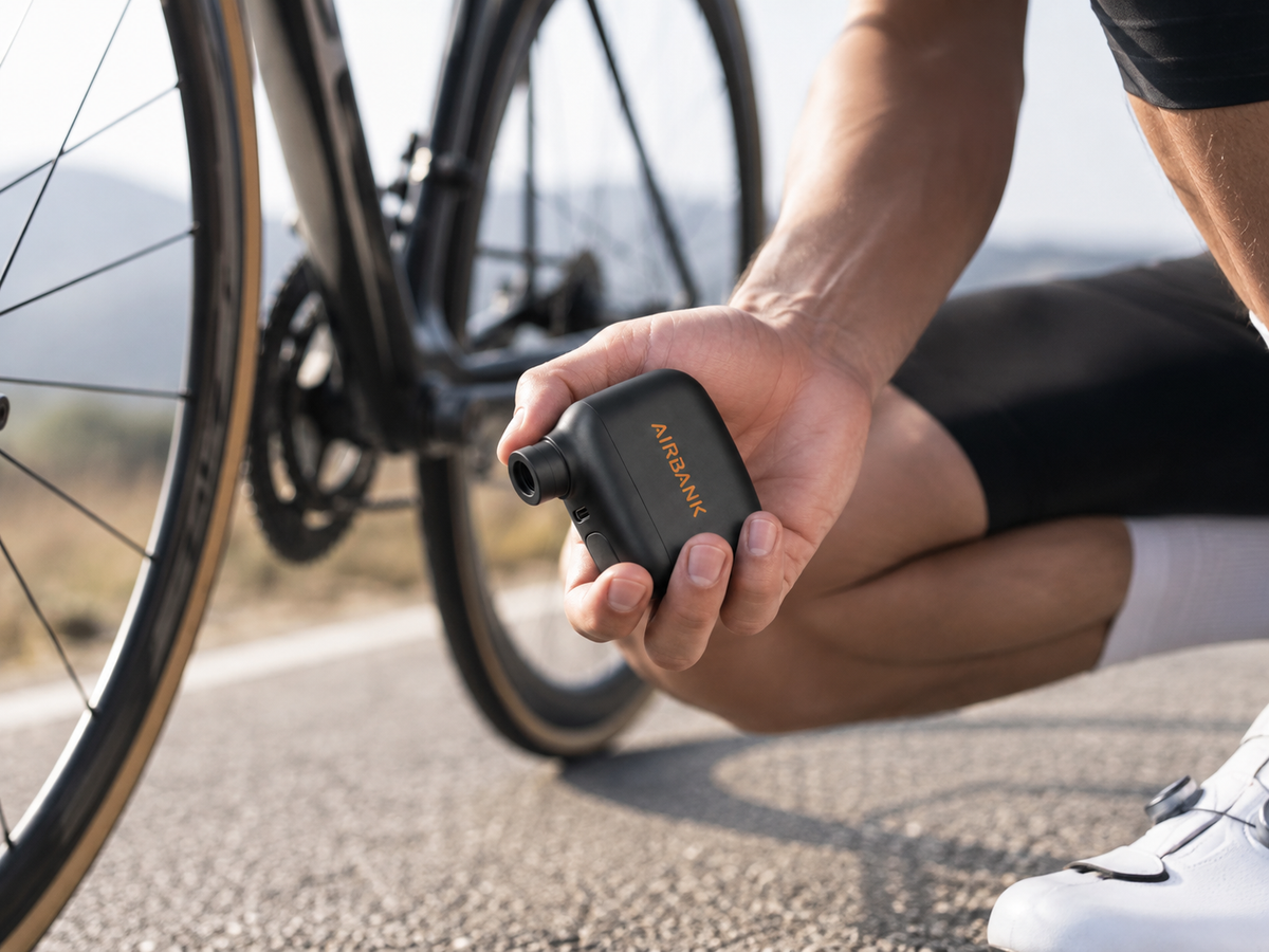 Cyclist holding the AERA AIR mini inflator beside a bike