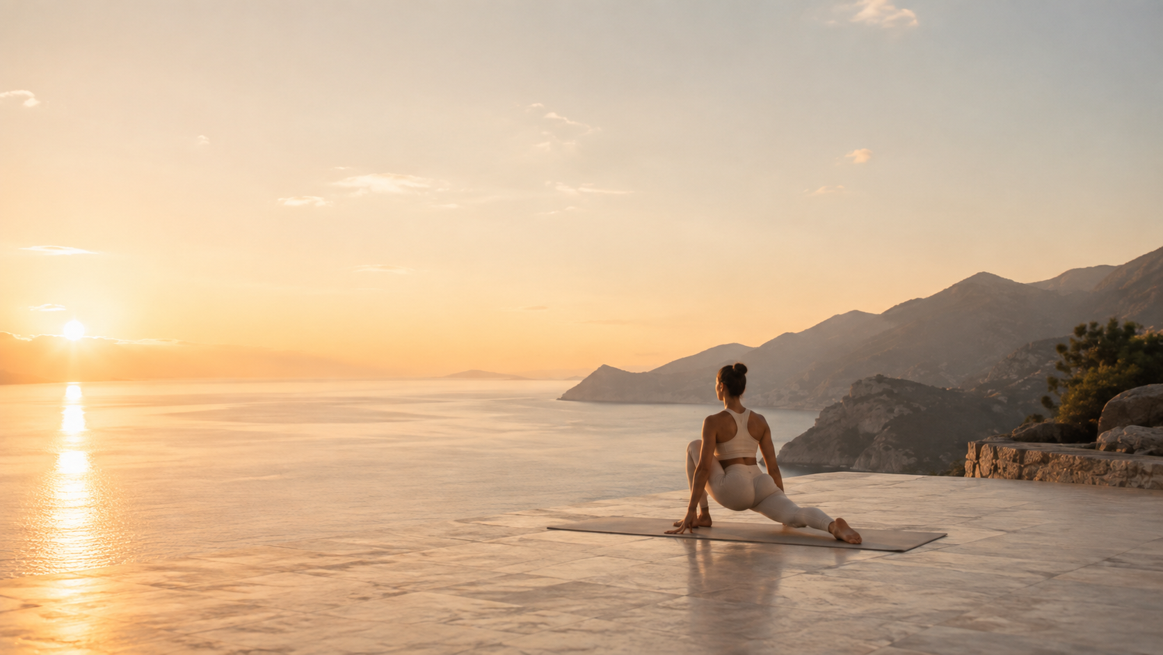 Athlete stretching beside the sea at sunrise